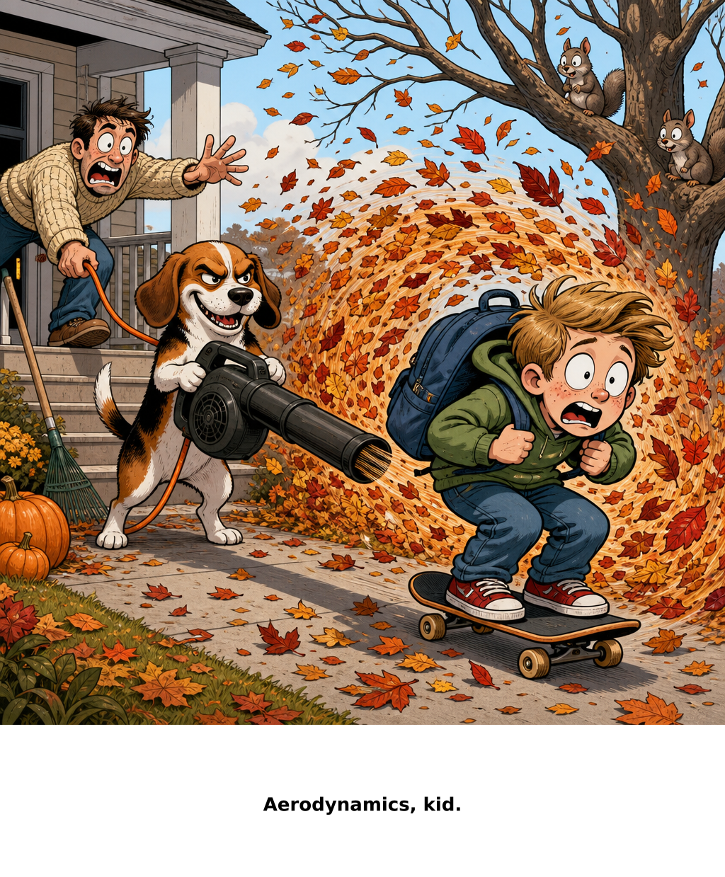 Daily Evil Beagle cartoon for October 3, 2026: We said school run. Rufus chose propulsion.