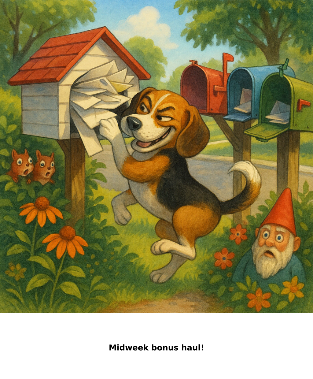 Daily Evil Beagle cartoon for August 12, 2026: Rufus thinks, "Midweek bonus haul!"