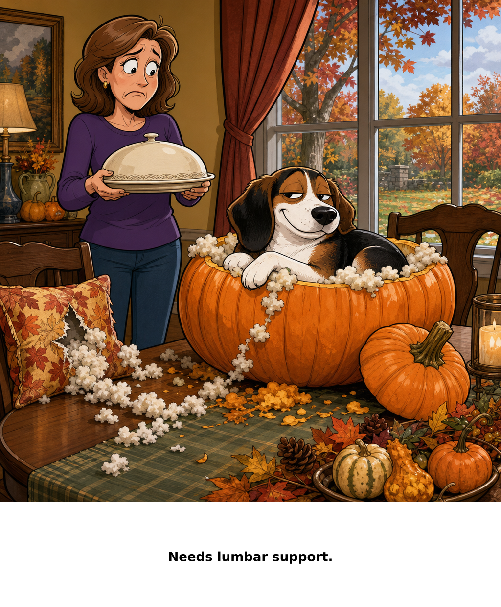 Daily Evil Beagle cartoon for October 21, 2026: The centerpiece was no longer accepting dinner reservations.