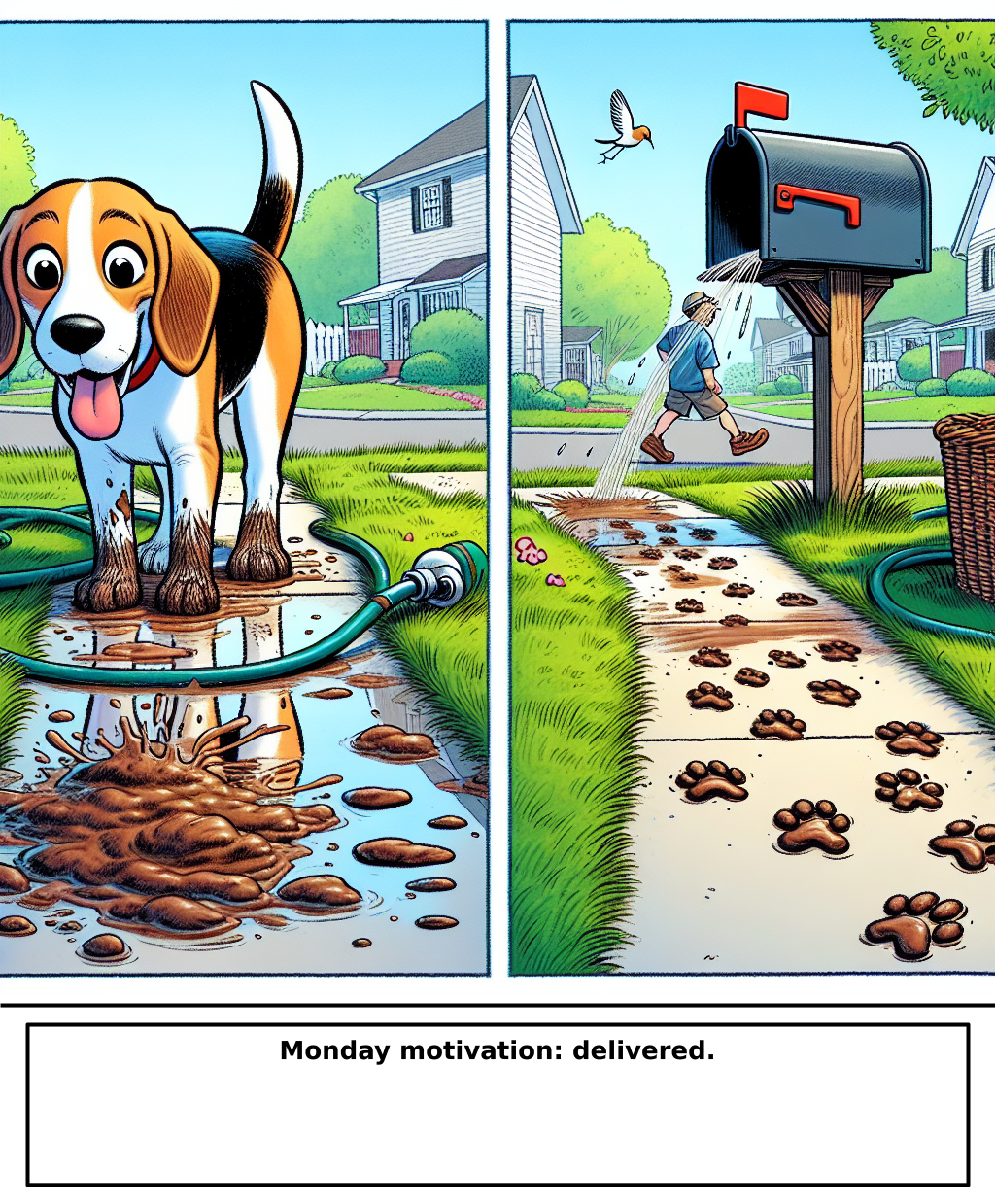 Daily Evil Beagle cartoon for May 4, 2026: Rufus thinks, "Monday motivation: delivered."