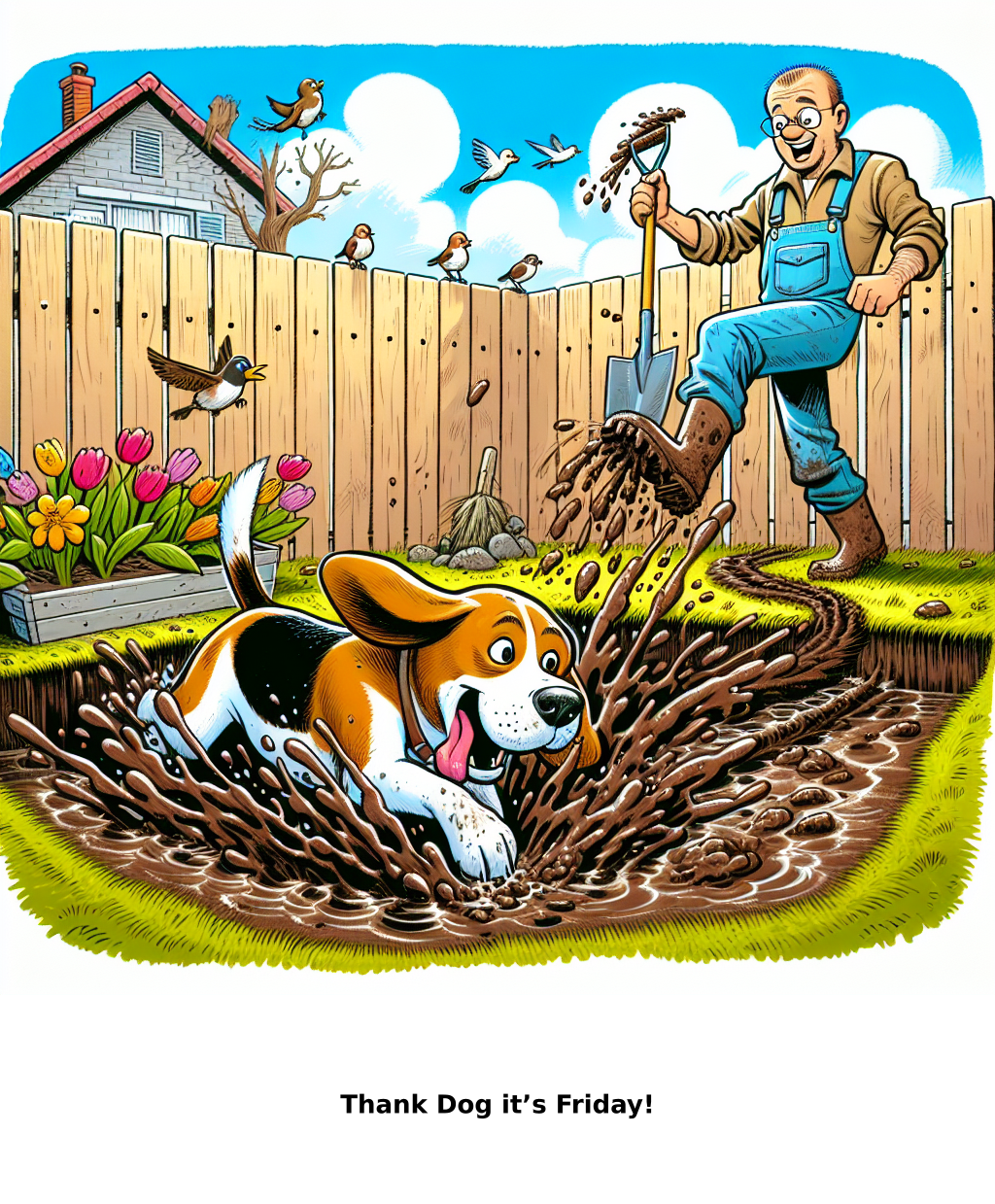 Daily Evil Beagle cartoon for May 8, 2026: Rufus thinks, "Thank Dog it’s Friday!"