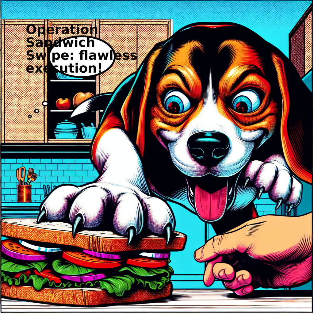 Daily Evil Beagle archive cartoon for April 21, 2026: Rufus thinks, "Operation Sandwich Swipe: flawless execution!"