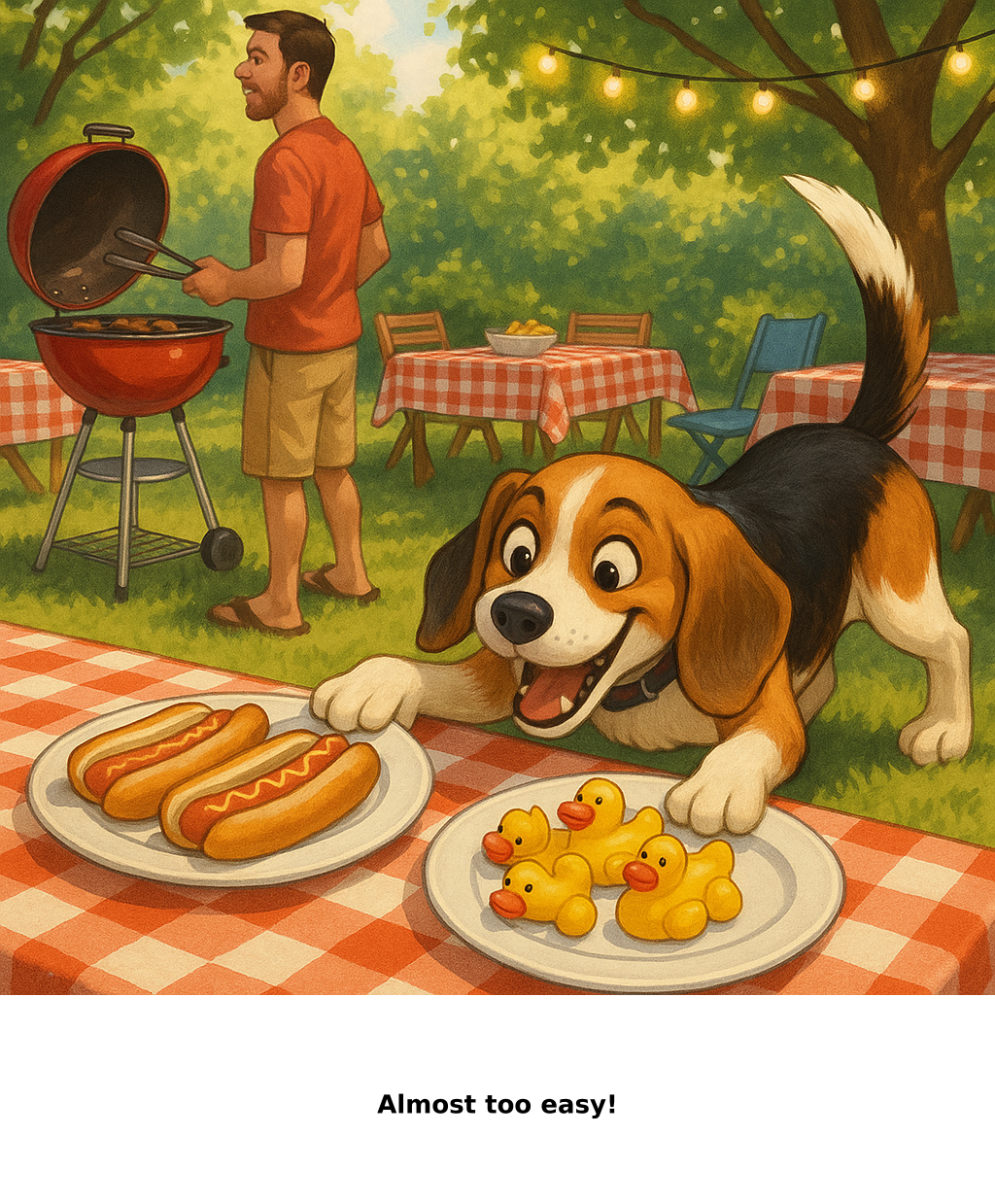 Daily Evil Beagle cartoon for June 18, 2026: Rufus thinks, "Almost too easy!"