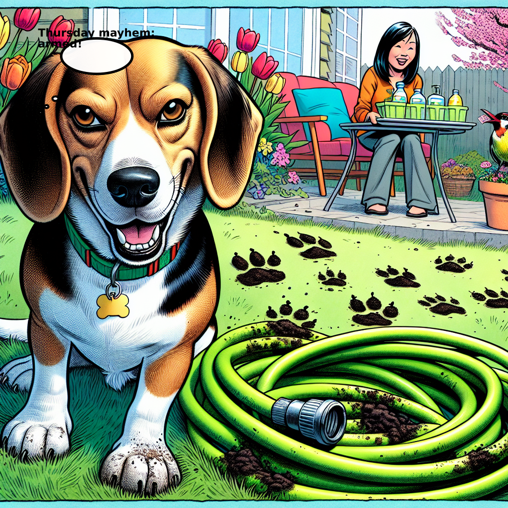 Daily Evil Beagle archive cartoon for April 23, 2026: Rufus thinks, "Thursday mayhem: armed!"