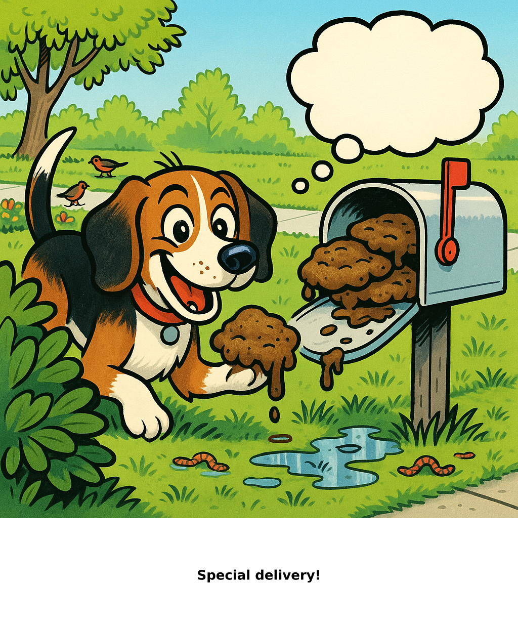 Daily Evil Beagle cartoon for May 13, 2026: Rufus thinks, "Special delivery!"