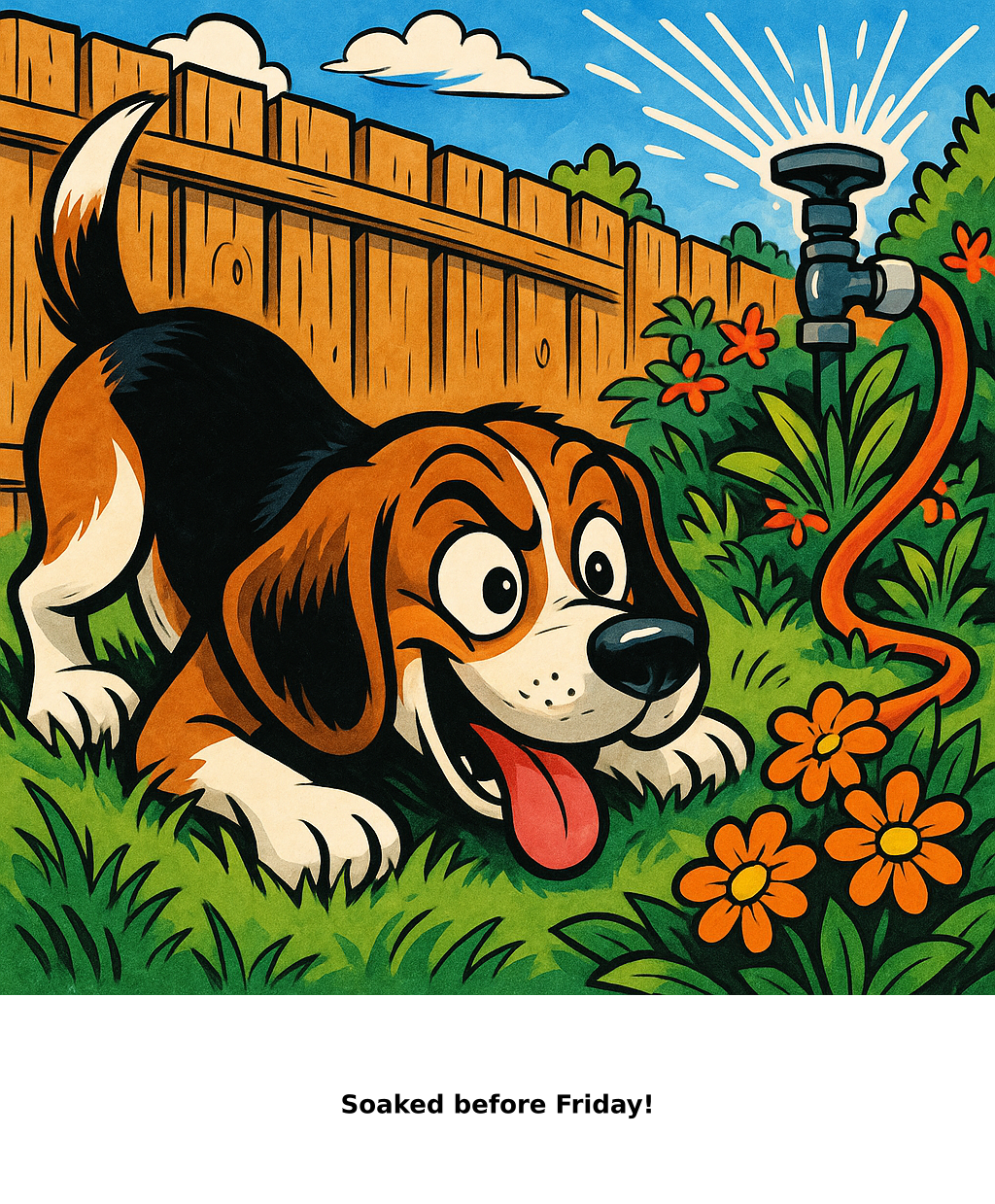 Daily Evil Beagle cartoon for June 25, 2026: Rufus thinks, "Soaked before Friday!"