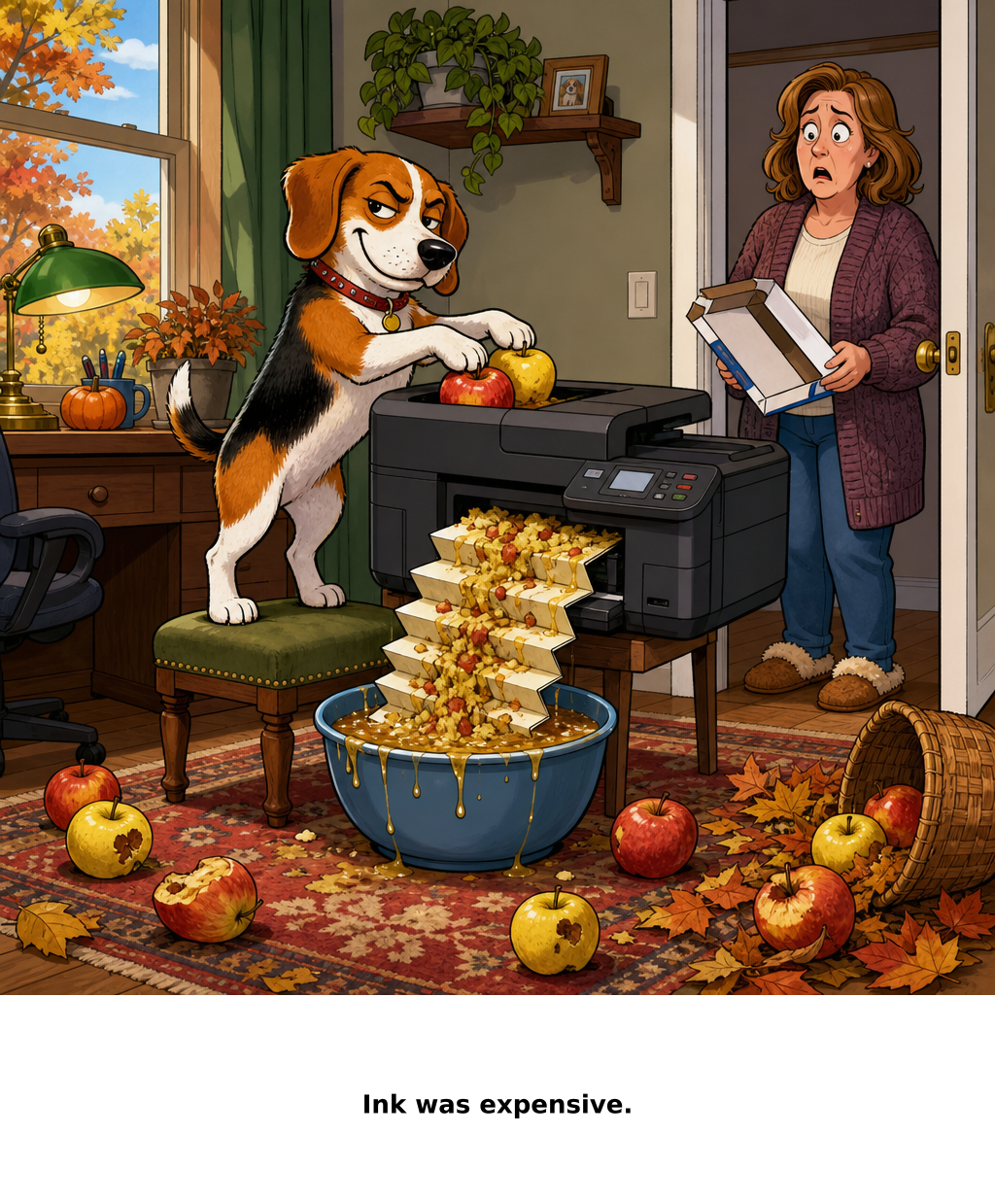 Daily Evil Beagle cartoon for October 8, 2026: Take the apples out. Printers already jam for free.