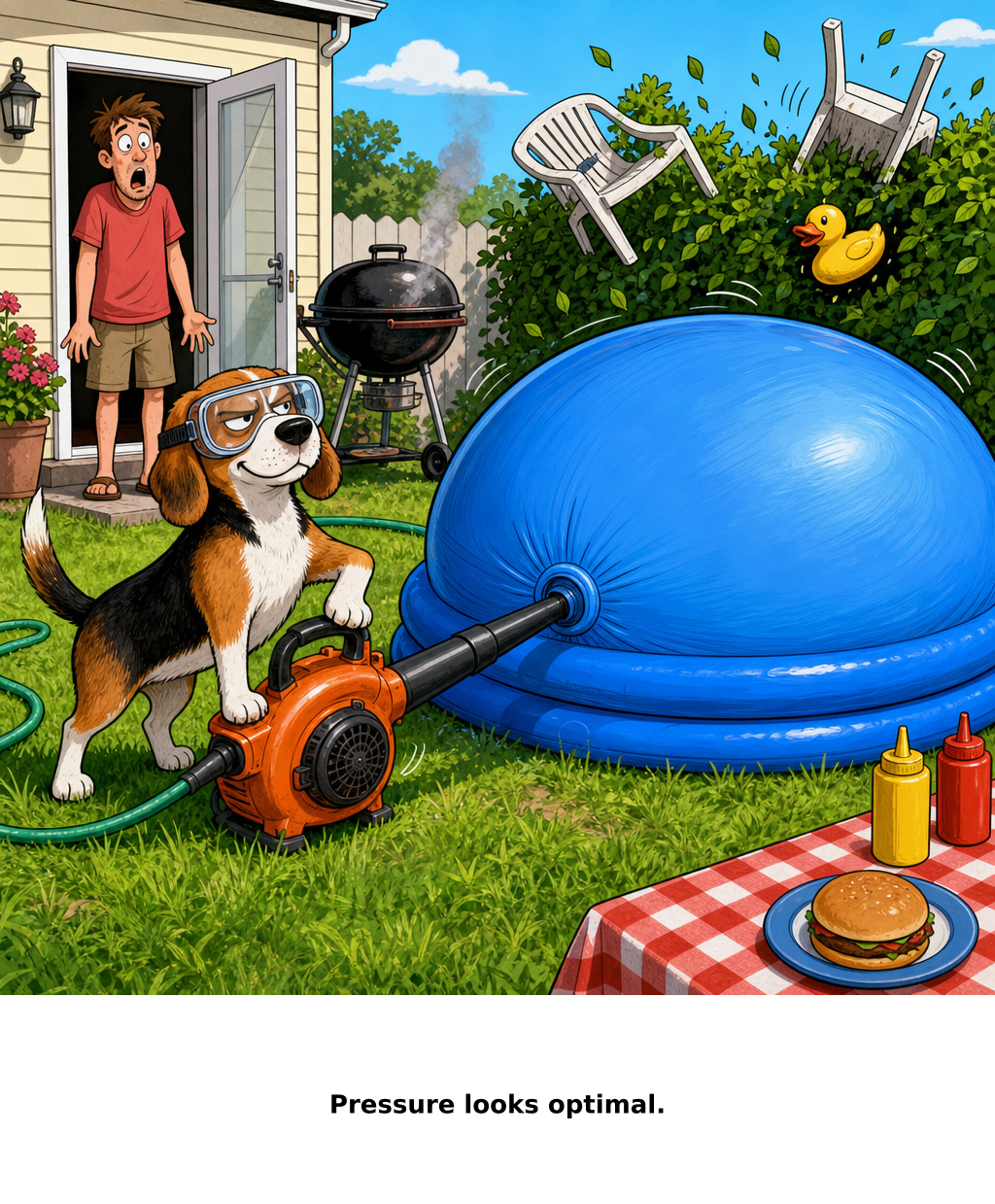 Daily Evil Beagle cartoon for August 27, 2026: The pool was ready several chairs ahead of schedule.