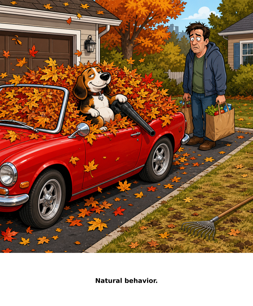 Daily Evil Beagle cartoon for October 15, 2026: Convertibles nest when startled.