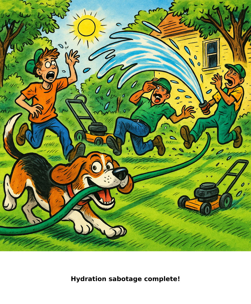 Daily Evil Beagle cartoon for June 15, 2026: Rufus thinks, "Hydration sabotage complete!"