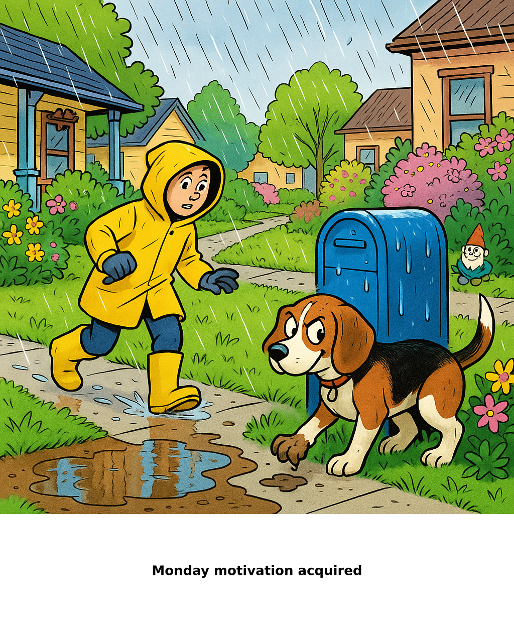 Daily Evil Beagle cartoon for May 25, 2026: Rufus thinks, "Monday motivation acquired"