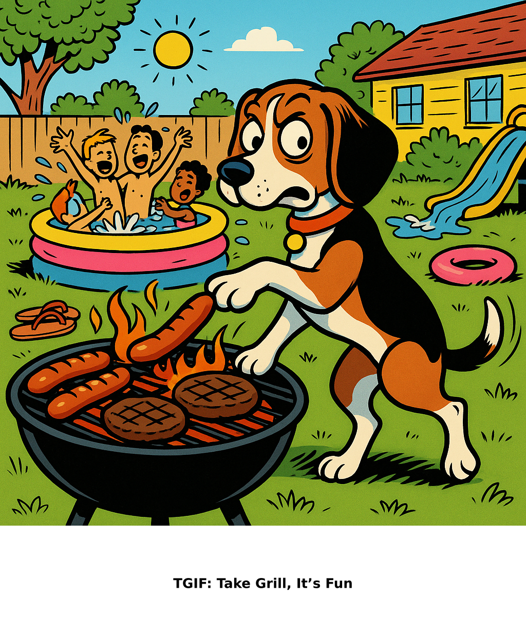 Daily Evil Beagle cartoon for August 14, 2026: Rufus thinks, "TGIF: Take Grill, It’s Fun"
