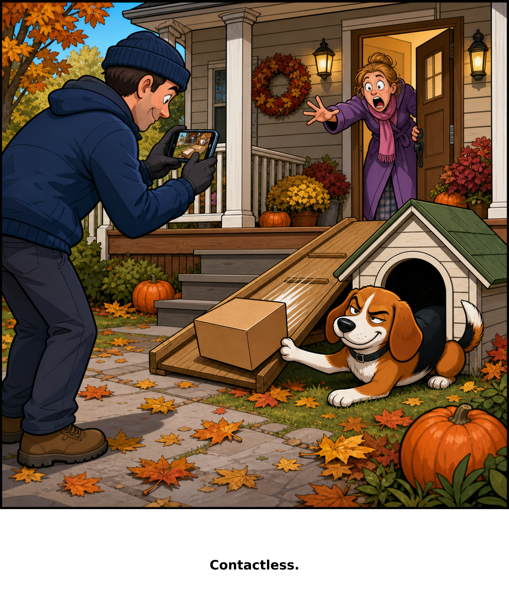 Daily Evil Beagle cartoon for September 6, 2026: The driver photographed the package's last known address.