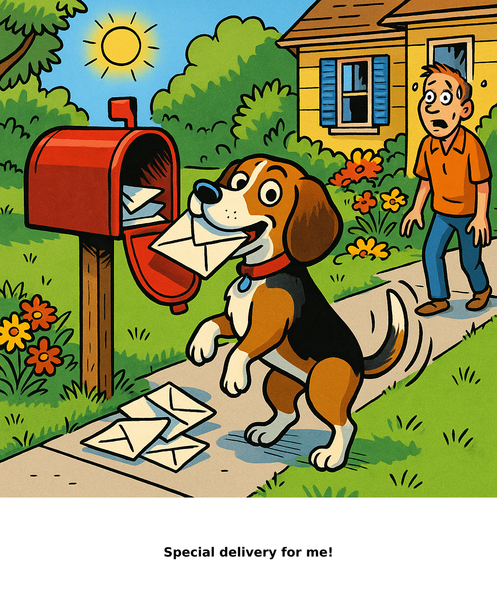 Daily Evil Beagle cartoon for August 19, 2026: Rufus thinks, "Special delivery for me!"