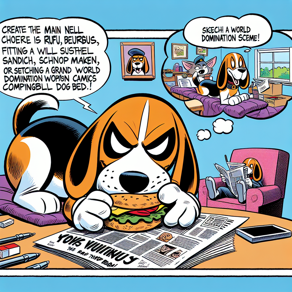 Daily Evil Beagle archive cartoon for April 20, 2026: Create a single-panel cartoon featuring Rufus, an evil but funny tri-colored beagle. The setting should feel playful, mischievous, and suitable for a homepage feature on a Monday. Use bold ink outlines, bright newspaper-comic colors, and expressive facial acting. Depict Rufus doing a petty villain act like stealing a sandwich, sabotaging a mailman, or plotting world domination from his dog bed. Include a speech or thought bubble. Target style consistency suitable for model gpt-4.1.