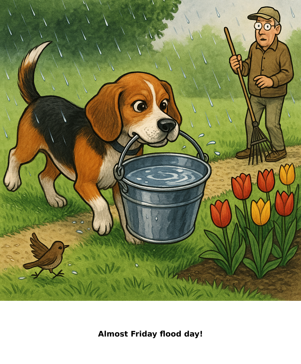 Daily Evil Beagle cartoon for May 21, 2026: Rufus thinks, "Almost Friday flood day!"