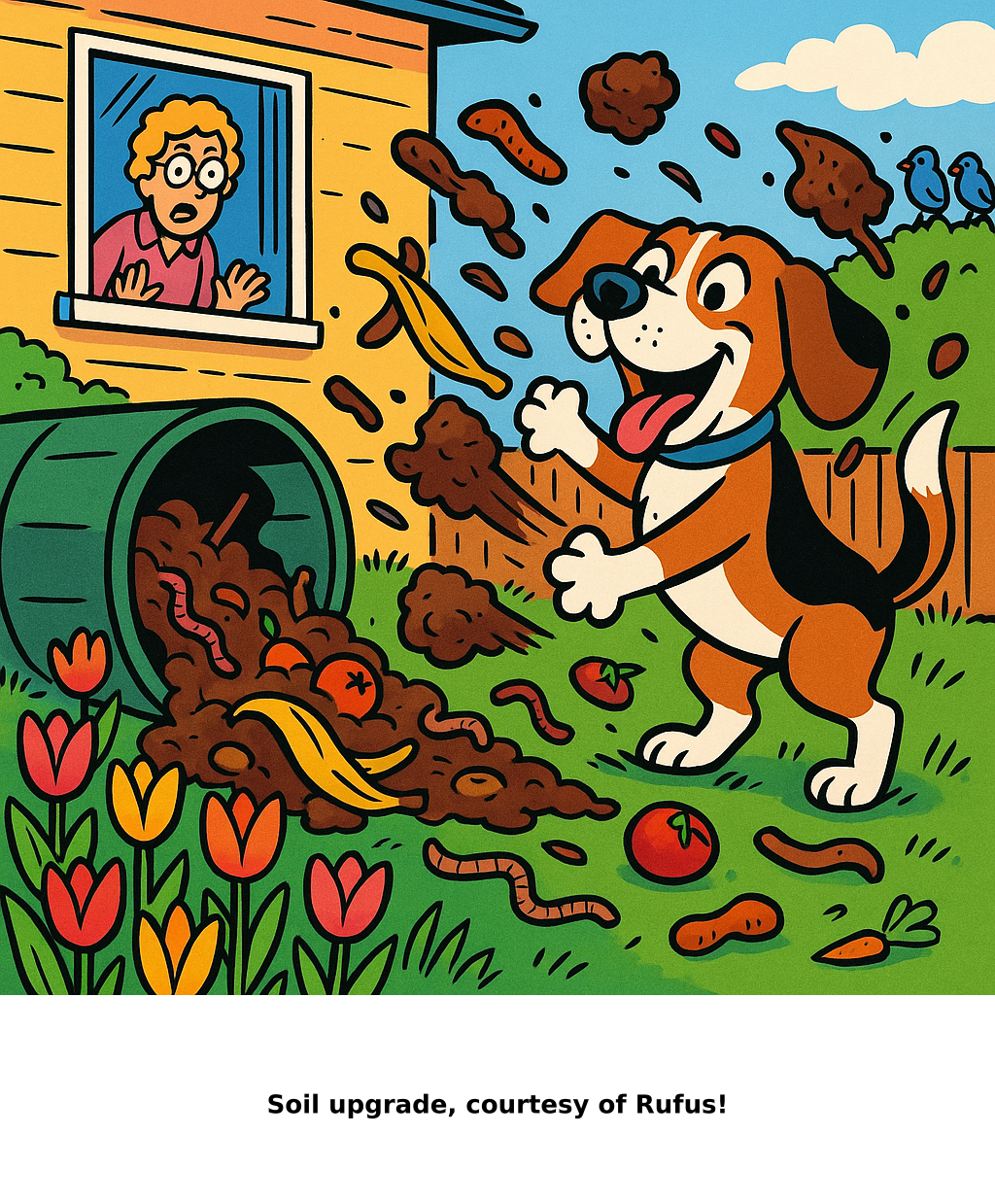 Daily Evil Beagle cartoon for May 23, 2026: Rufus thinks, "Soil upgrade, courtesy of Rufus!"