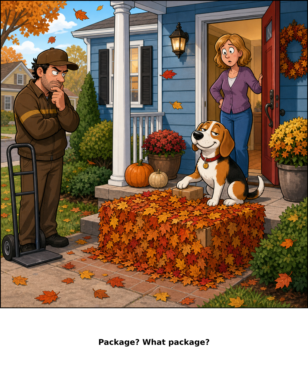 Daily Evil Beagle cartoon for October 16, 2026: Three packages arrived. The porch grew one very rectangular leaf pile.