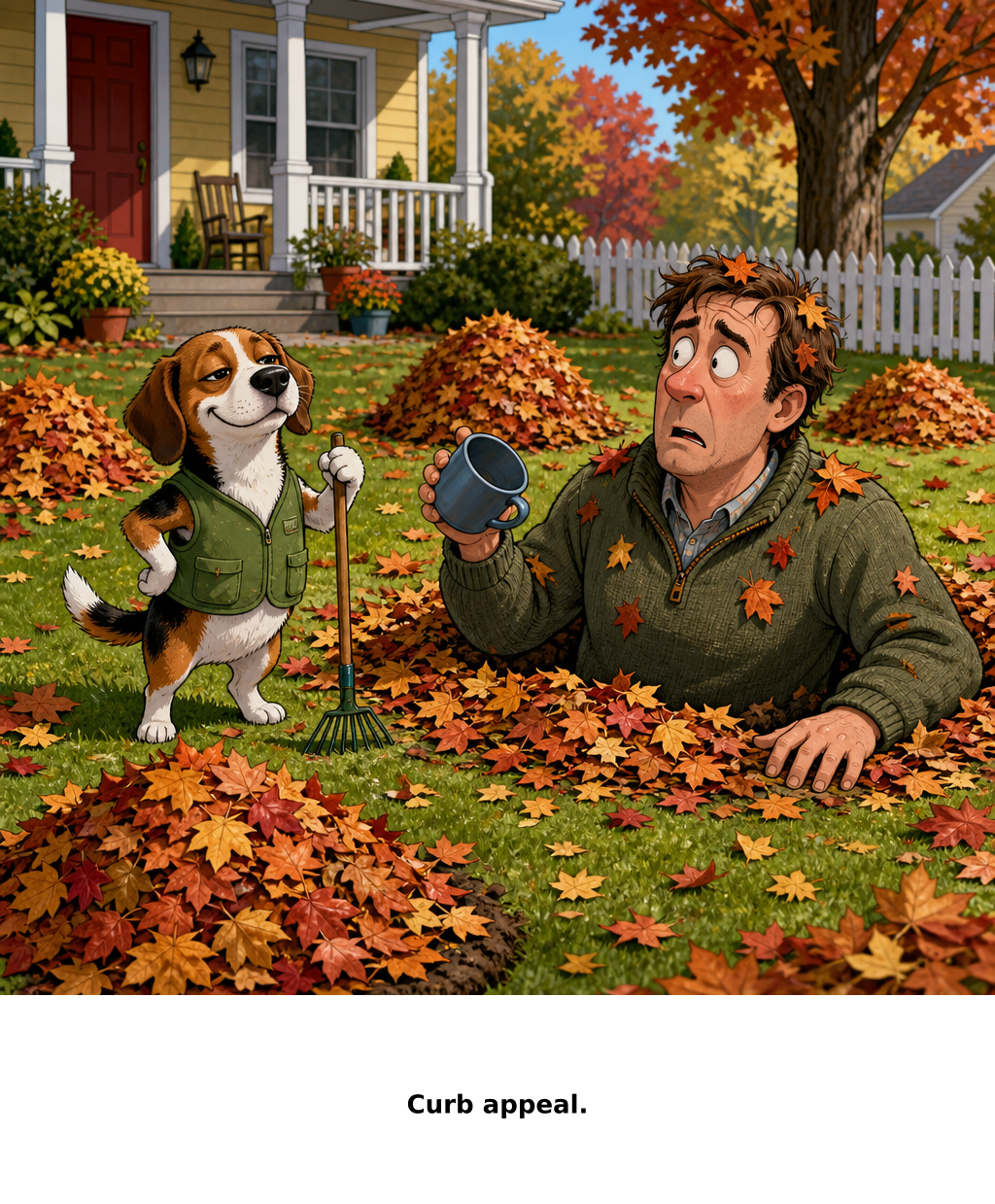 Daily Evil Beagle cartoon for September 20, 2026: I withdraw my compliment about the leaf piles.