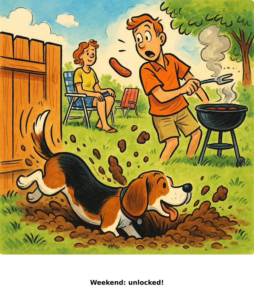 Daily Evil Beagle cartoon for July 31, 2026: Rufus thinks, "Weekend: unlocked!"