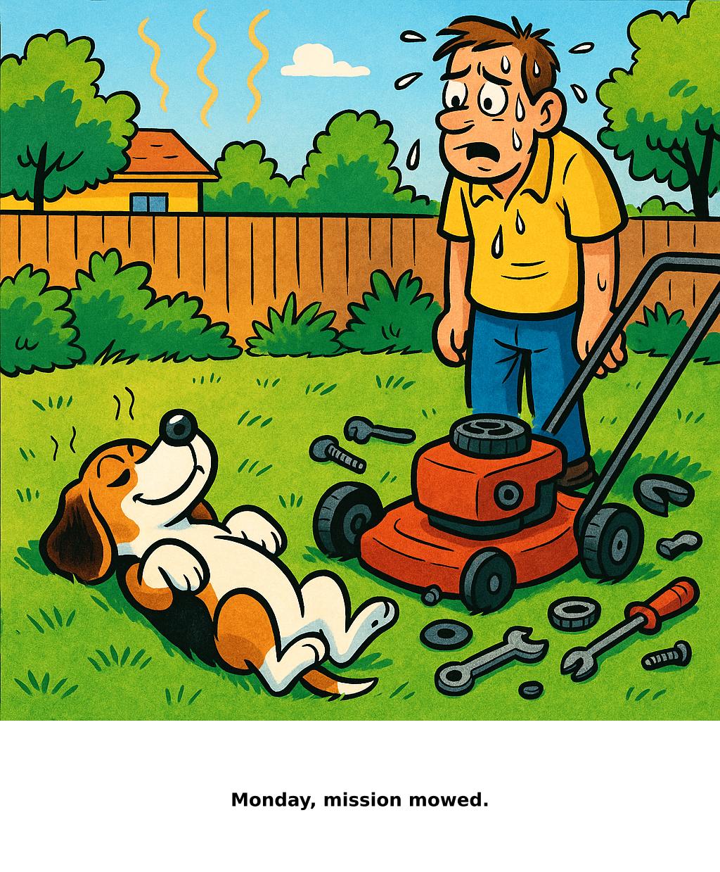 Daily Evil Beagle cartoon for August 17, 2026: Rufus thinks, "Monday, mission mowed."