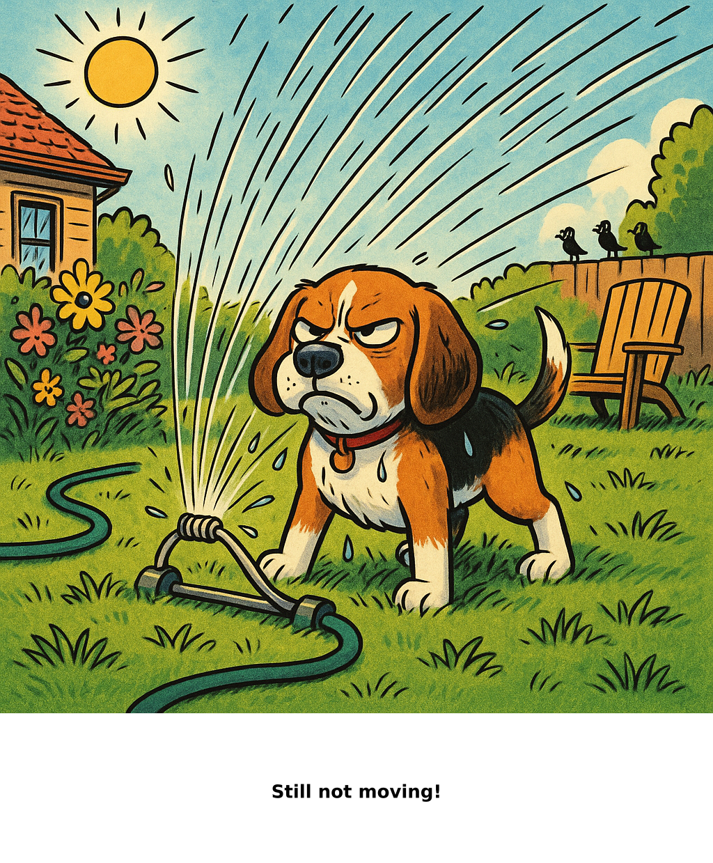 Daily Evil Beagle cartoon for June 9, 2026: Rufus thinks, "Still not moving!"