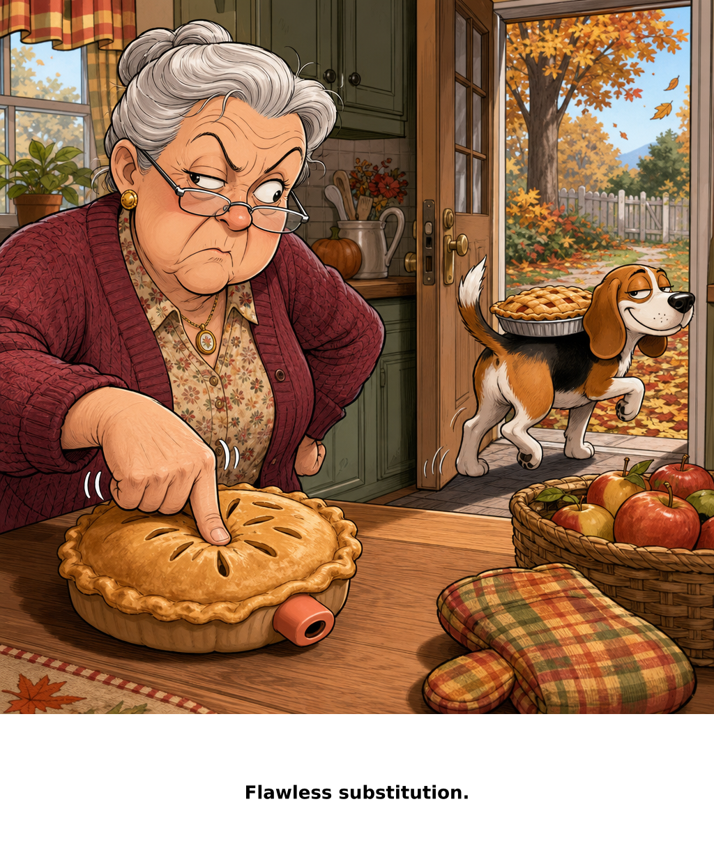 Daily Evil Beagle cartoon for October 6, 2026: Grandma always tests a crust with her thumb.