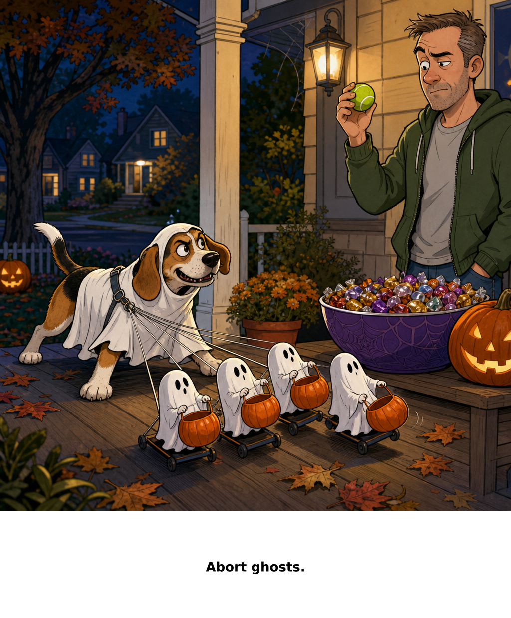 Daily Evil Beagle cartoon for October 31, 2026: Should I throw it once or six times?