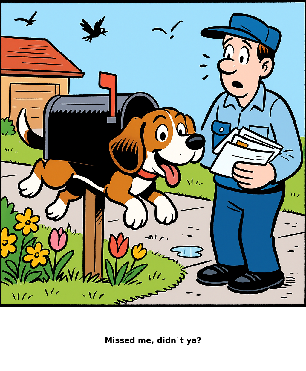 Daily Evil Beagle cartoon for May 27, 2026: Rufus says, "Missed me, didn`t ya?"