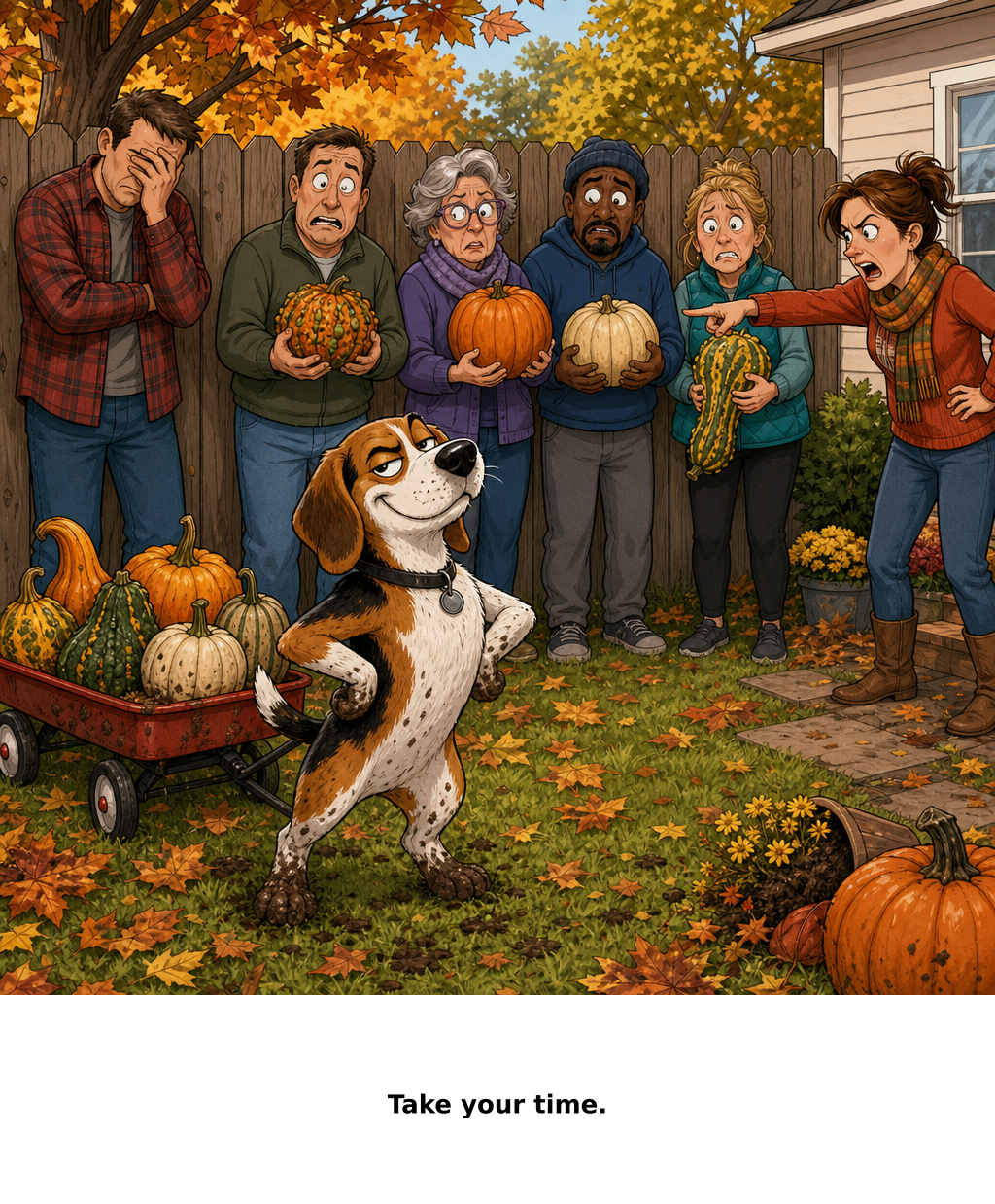 Daily Evil Beagle cartoon for September 30, 2026: Rufus, she was identifying pumpkins.