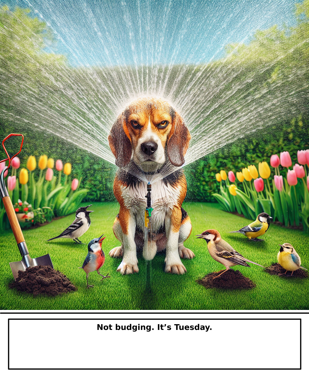 Daily Evil Beagle cartoon for April 28, 2026: Rufus thinks, "Not budging. It’s Tuesday."