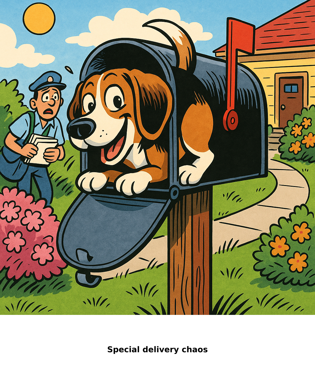 Daily Evil Beagle cartoon for June 17, 2026: Rufus thinks, "Special delivery chaos"