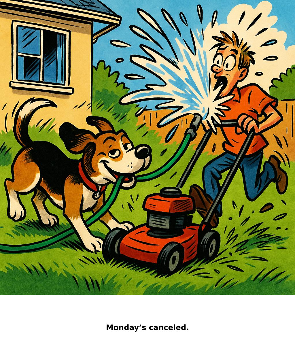 Daily Evil Beagle cartoon for August 3, 2026: Rufus thinks, "Monday’s canceled."