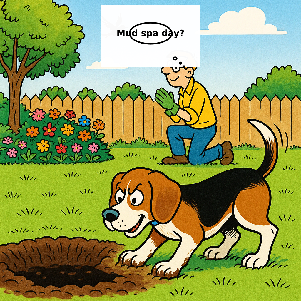 Daily Evil Beagle cartoon for May 14, 2026: Rufus thinks, "Mud spa day?"