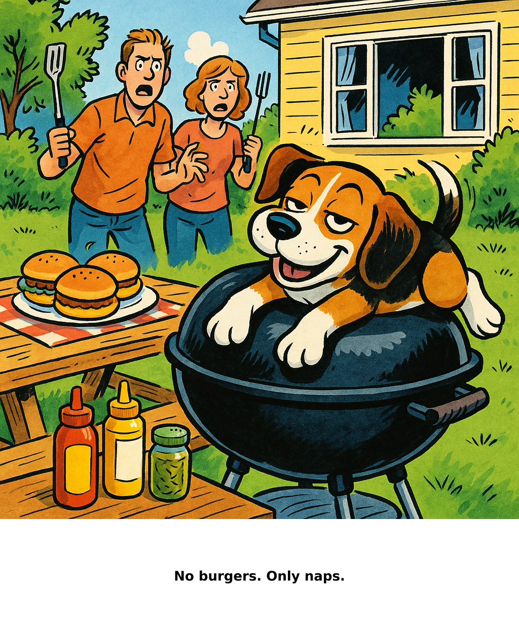 Daily Evil Beagle cartoon for July 28, 2026: Rufus thinks, "No burgers. Only naps."
