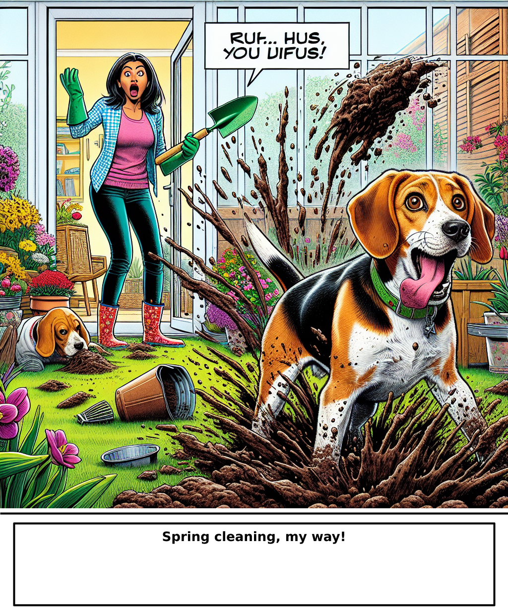 Daily Evil Beagle cartoon for May 2, 2026: Rufus thinks, "Spring cleaning, my way!"