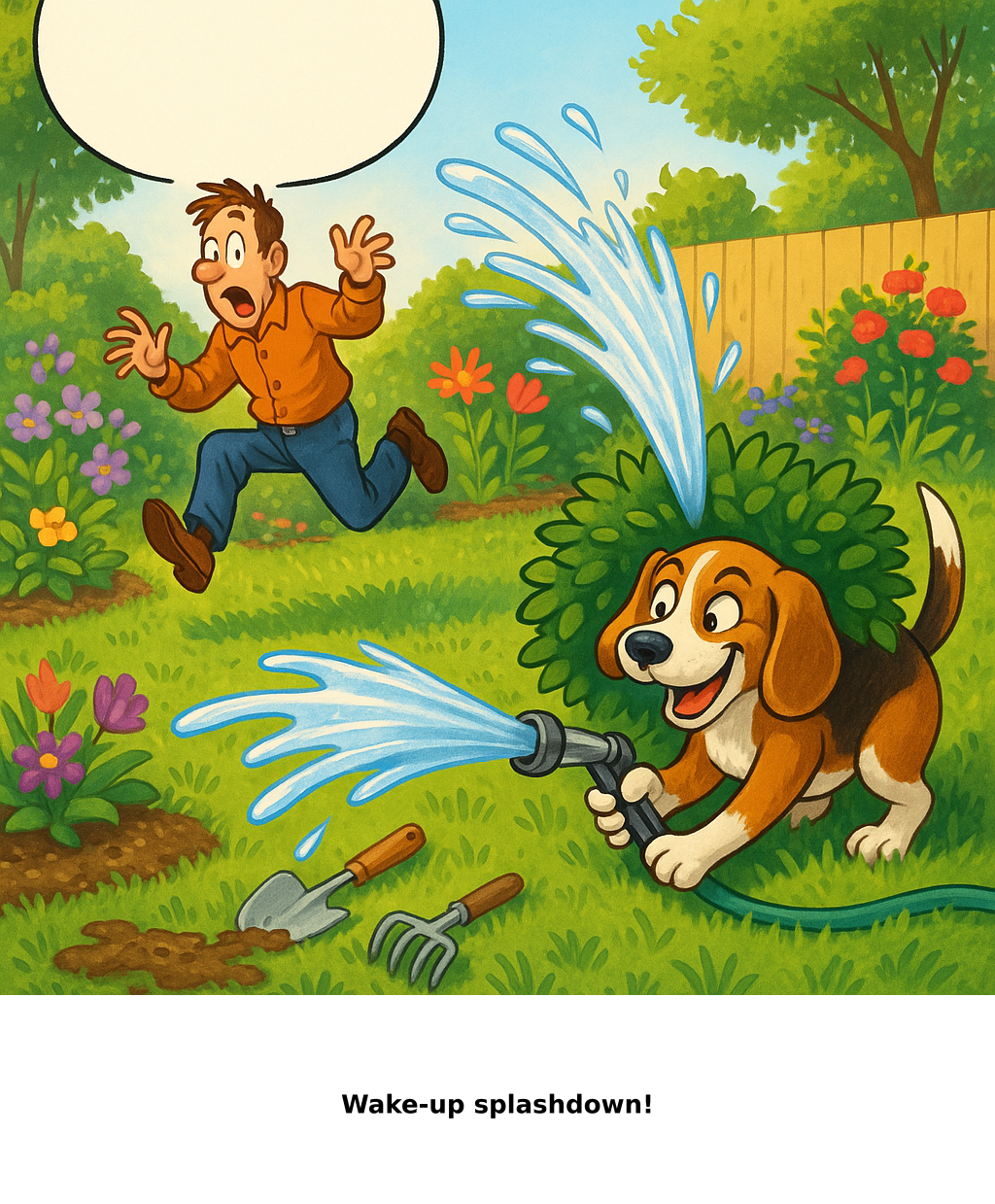 Daily Evil Beagle cartoon for May 18, 2026: Rufus thinks, "Wake-up splashdown!"