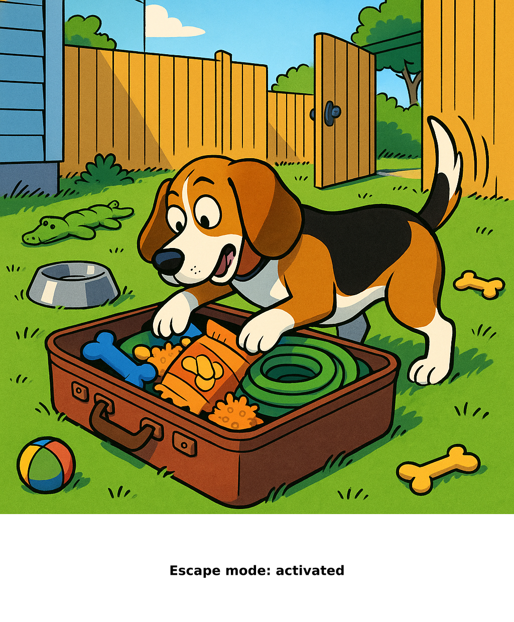 Daily Evil Beagle cartoon for June 5, 2026: Rufus thinks, "Escape mode: activated"