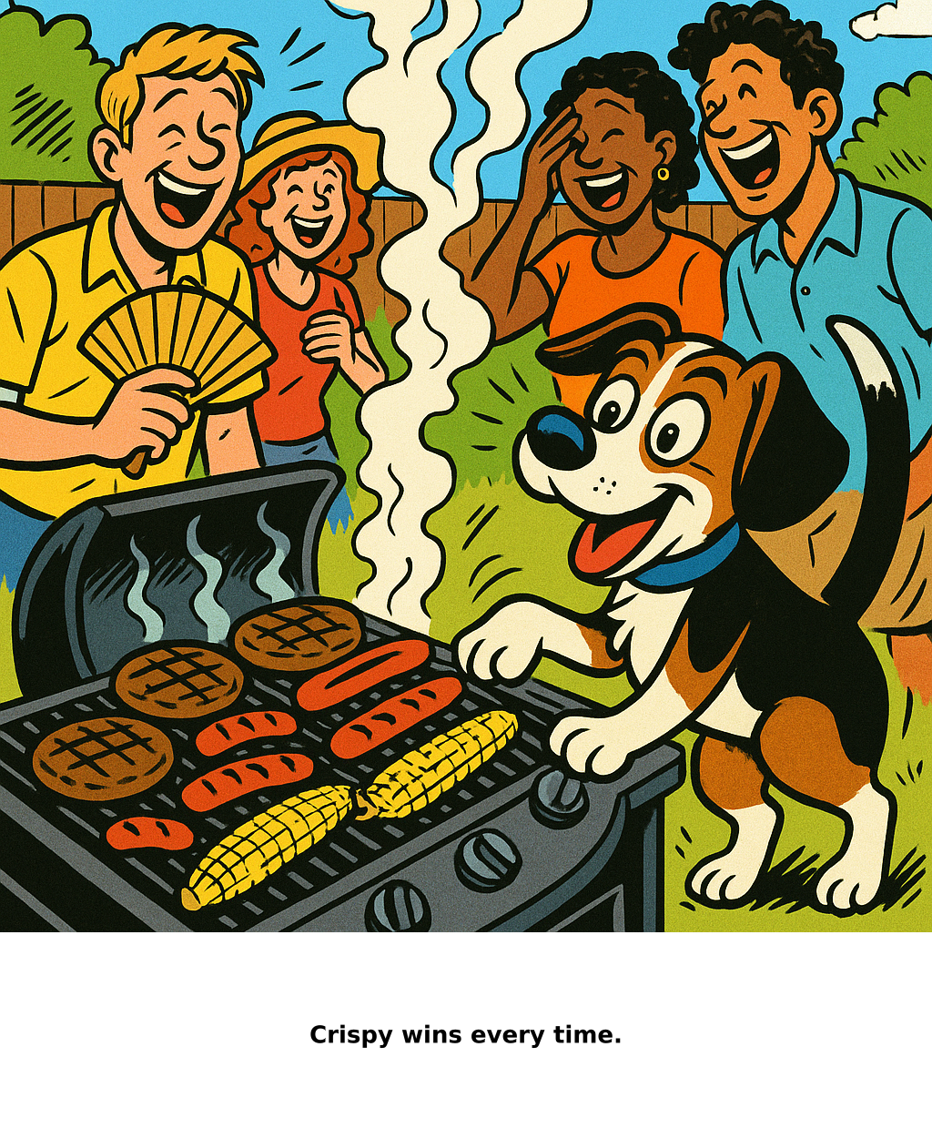 Daily Evil Beagle cartoon for June 27, 2026: Rufus thinks, "Crispy wins every time."