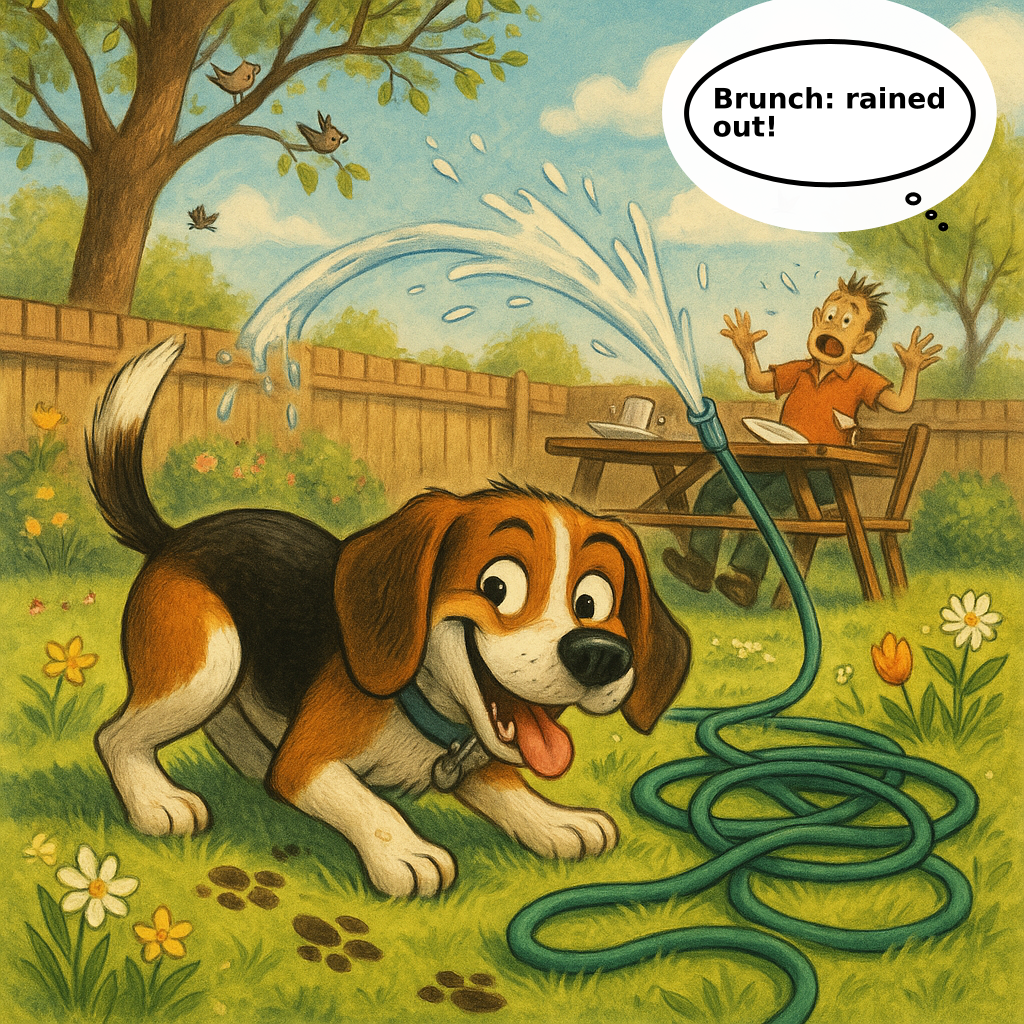 Daily Evil Beagle cartoon for May 31, 2026: Rufus thinks, "Brunch: rained out!"