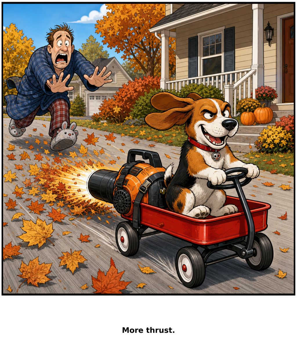 Daily Evil Beagle cartoon for September 24, 2026: The braking system is chasing him in slippers.