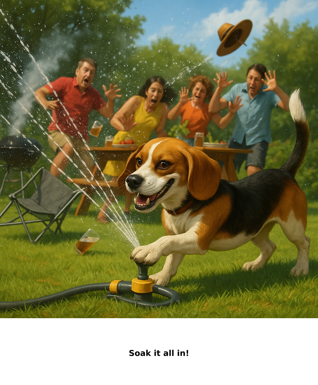 Daily Evil Beagle cartoon for August 21, 2026: Rufus thinks, "Soak it all in!"