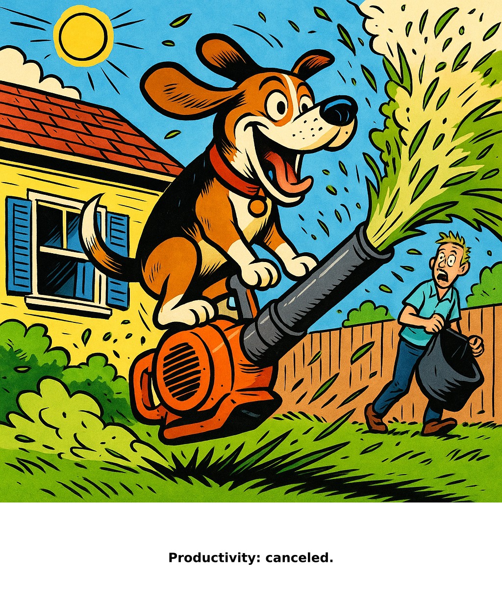 Daily Evil Beagle cartoon for July 27, 2026: Rufus thinks, "Productivity: canceled."