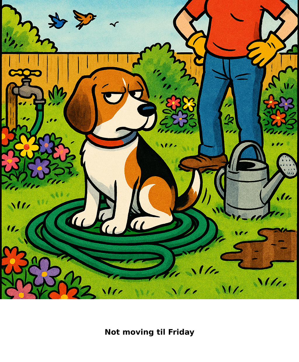 Daily Evil Beagle cartoon for May 26, 2026: Rufus thinks, "Not moving til Friday"