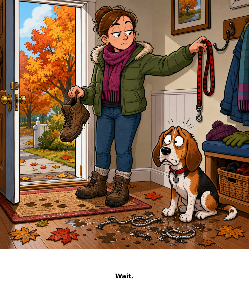 Daily Evil Beagle cartoon for October 1, 2026: His victory lasted exactly as long as it took her to hang up the leash.
