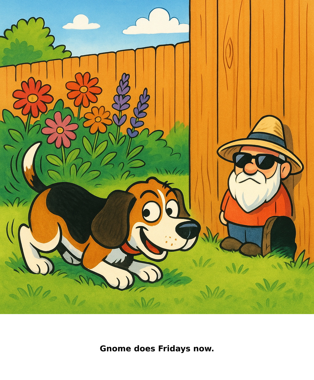 Daily Evil Beagle cartoon for July 3, 2026: Rufus thinks, "Gnome does Fridays now."