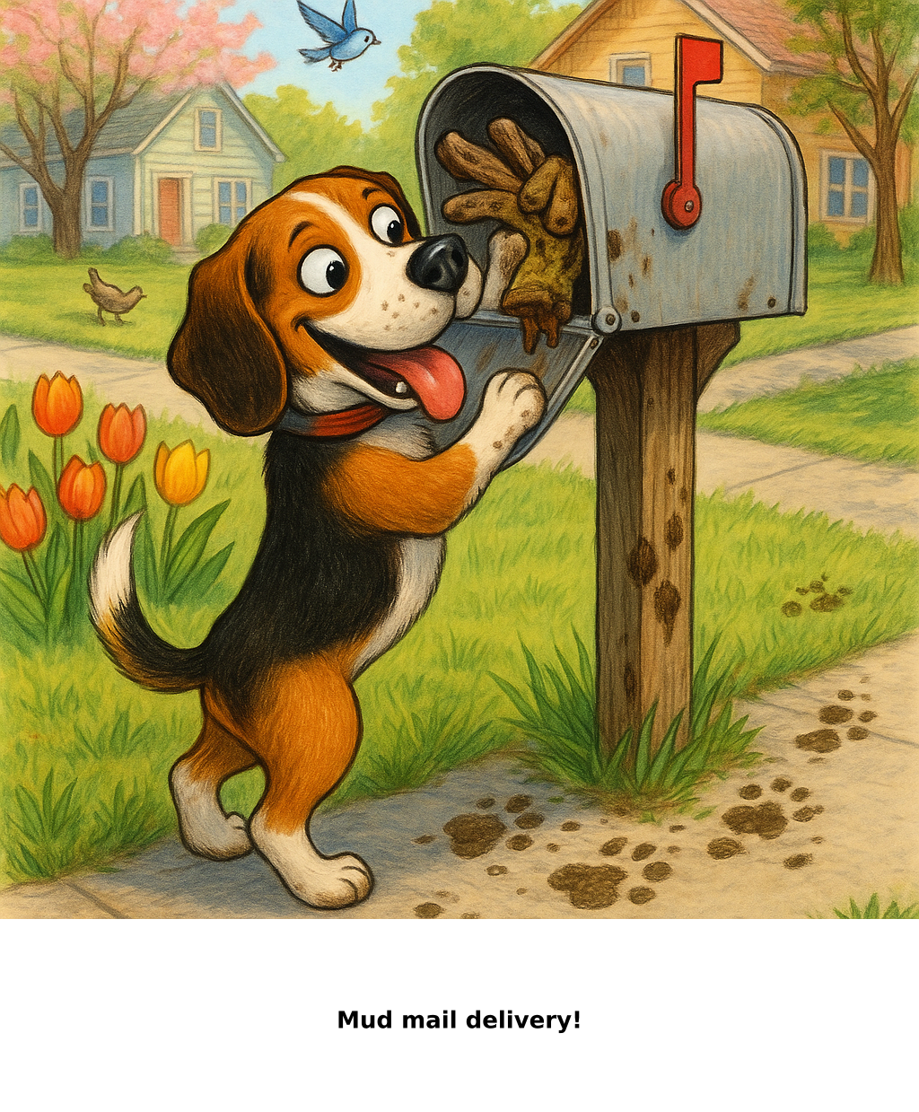 Daily Evil Beagle cartoon for May 20, 2026: Rufus thinks, "Mud mail delivery!"