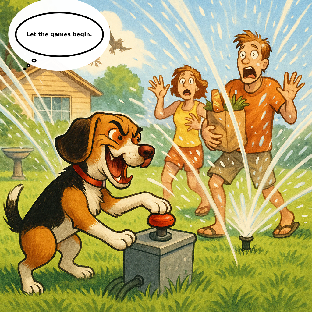 Daily Evil Beagle cartoon for August 1, 2026: Rufus thinks, "Let the games begin."
