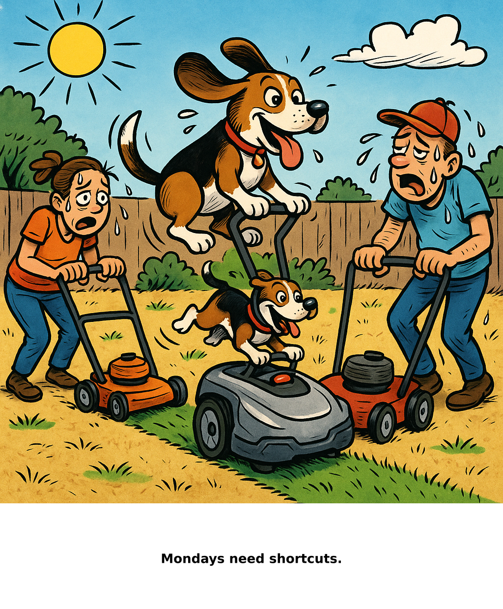 Daily Evil Beagle cartoon for June 22, 2026: Rufus thinks, "Mondays need shortcuts."