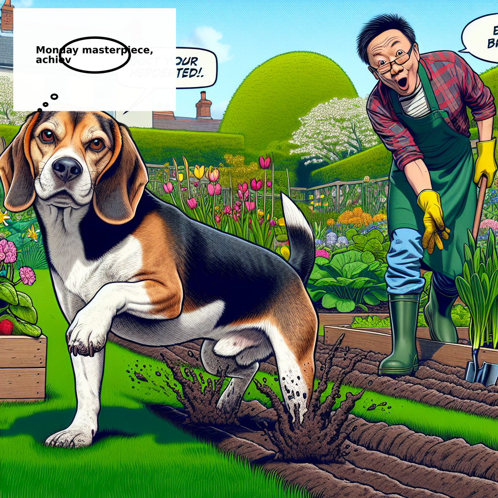 Daily Evil Beagle cartoon for April 27, 2026: Rufus thinks, "Monday masterpiece, achiev"